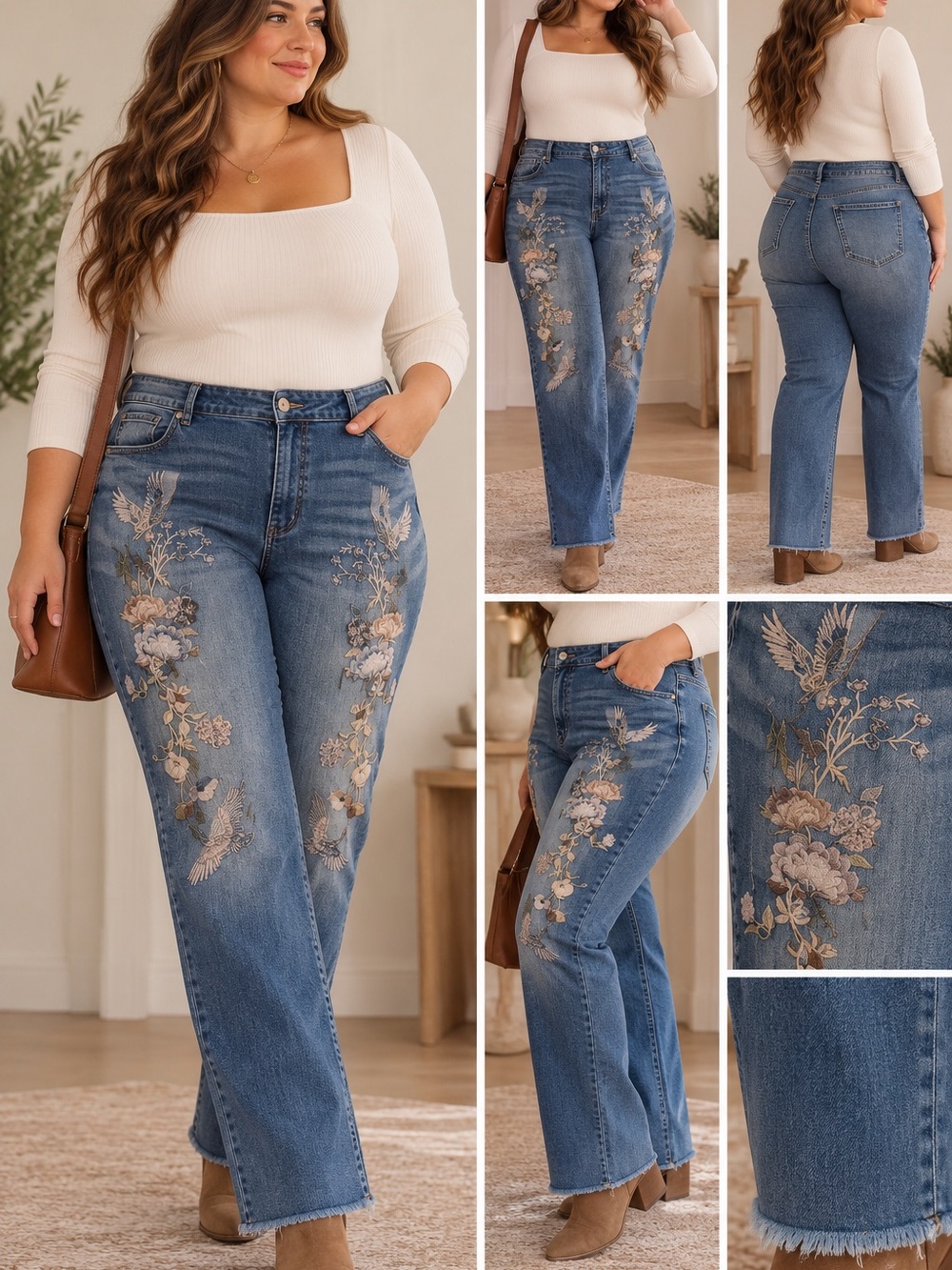 Seven7 Blue Straight-Leg Jeans with Floral Embroidery